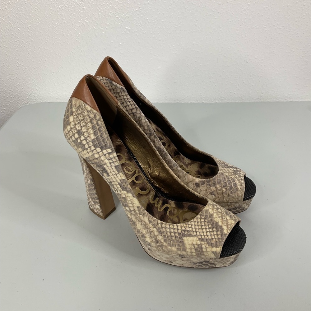 Sam‎ Edelman Tacoma Snakeskin Open Toe Platform Heels Size 7.5